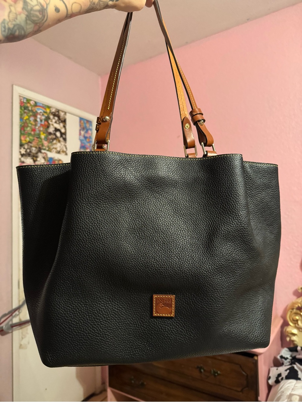 Dooney & Bourke Black Leather Tote with Brown Straps